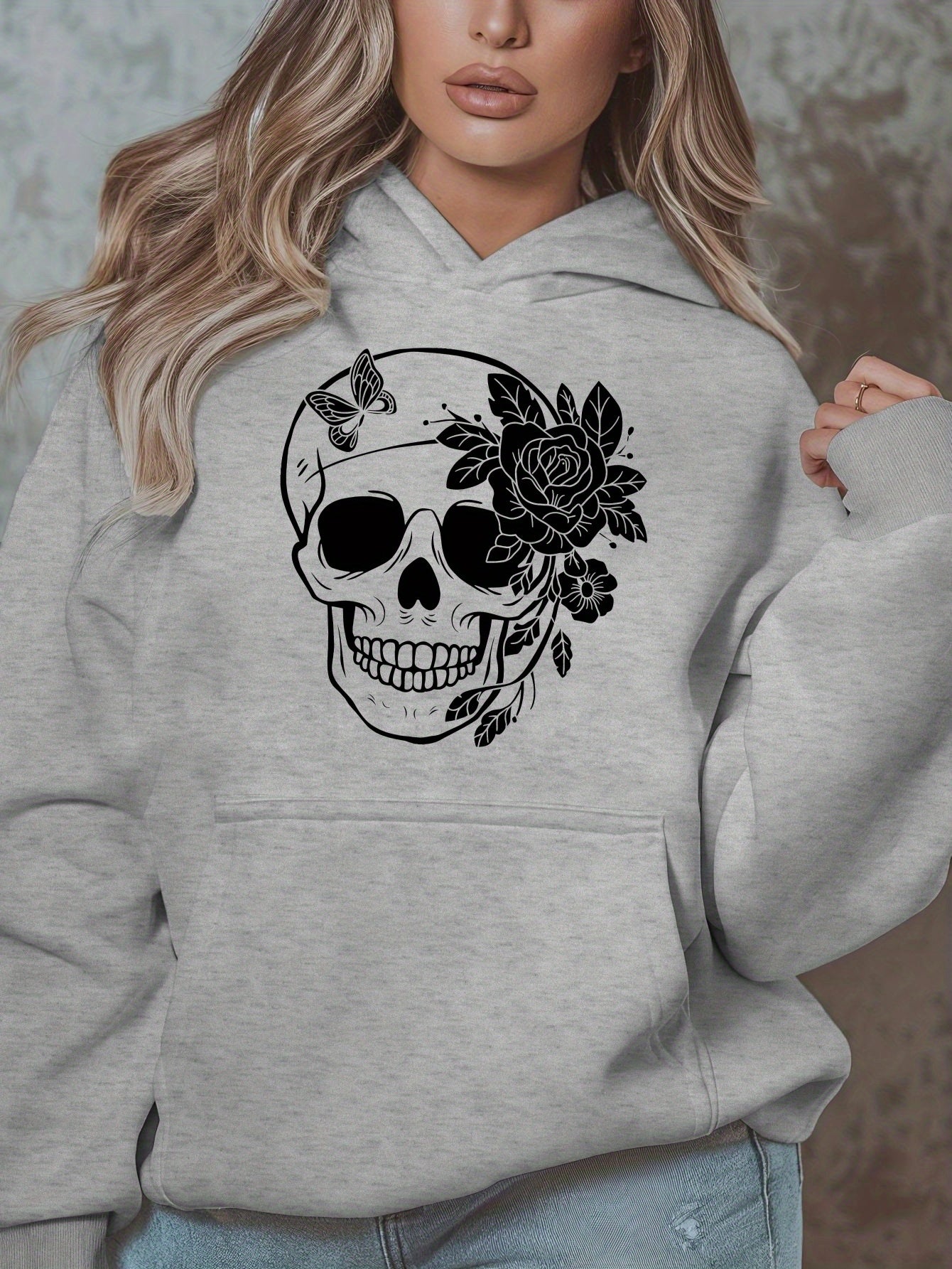 1pc Women'S Plus Size Casual Hoodie with Floral Skull Print, Polyester Knit Sweatshirt, Long Sleeve Pullover with Pockets, Letter Pattern, Round Neck Hooded Top, with Autumn/Winter Fashion