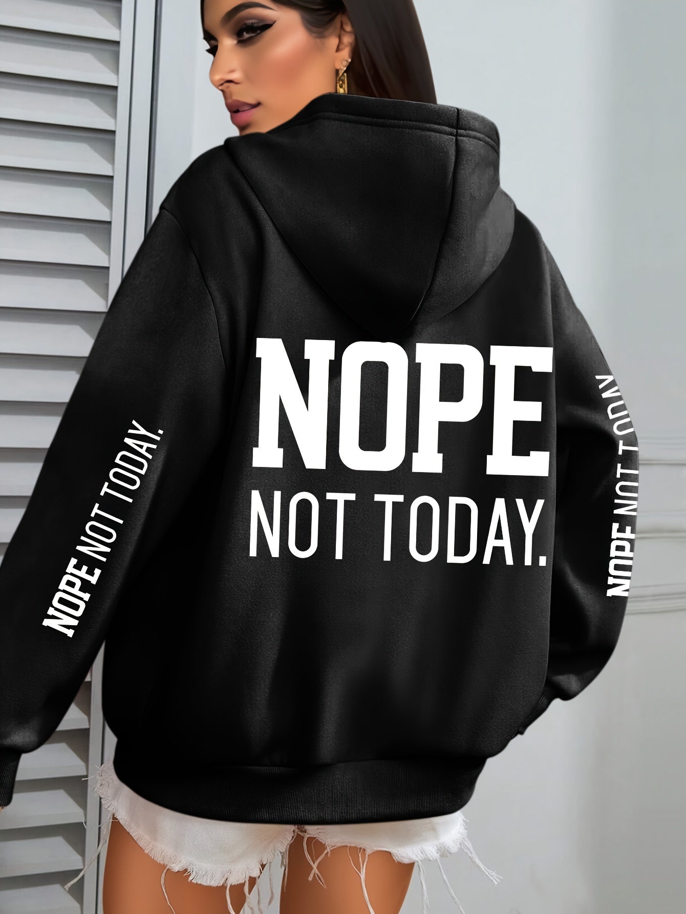 NOPE NOT TODAY" Graphic Hoodie for Women - Cozy Polyester Pullover with Kangaroo Pocket, Casual Long Sleeve Hooded Sweatshirt for Fall/Winter