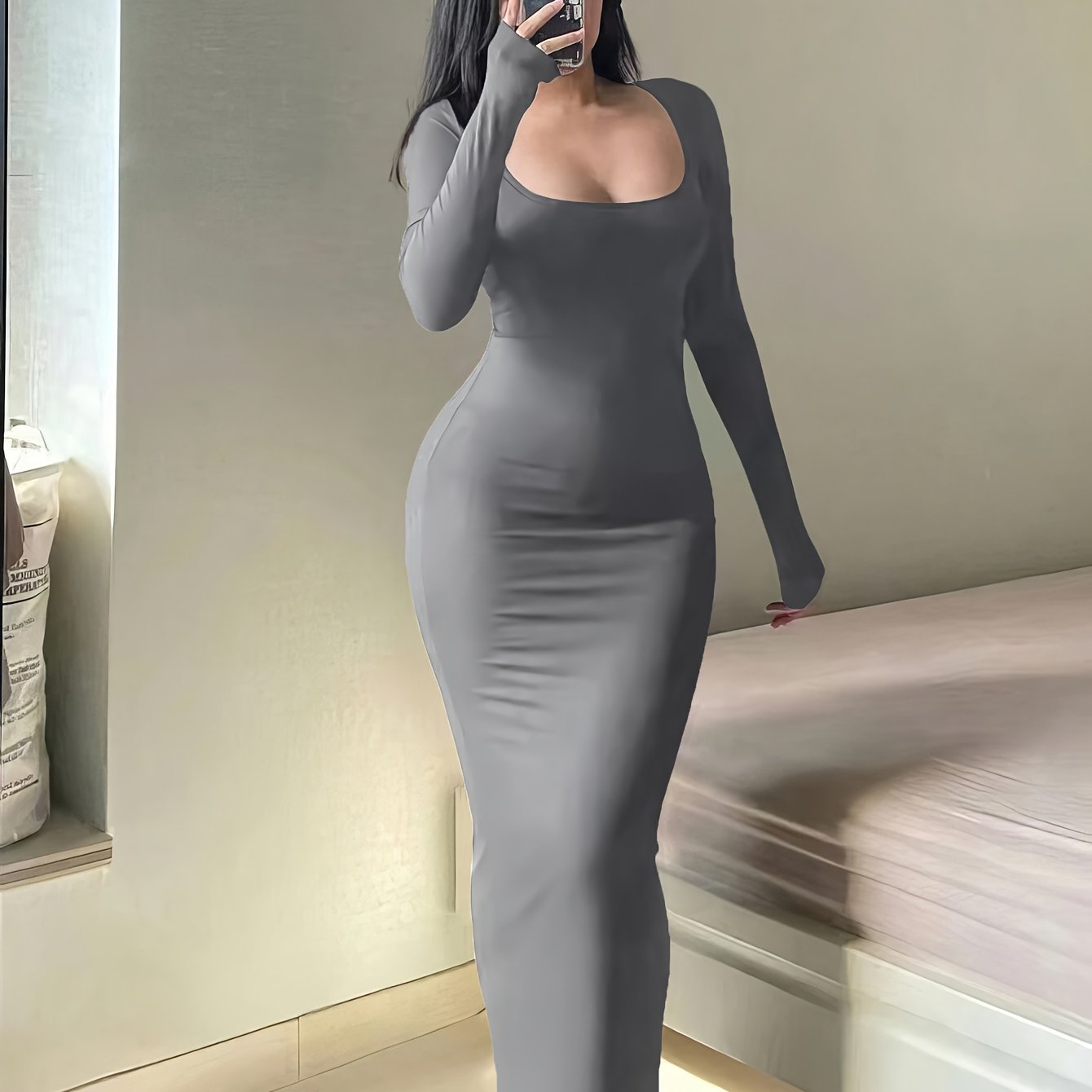 Form-Fitting, Ultra-Long Women'S Autumn Dress with Long Sleeves, Square Neckline, A-Line Silhouette, And a Sexy, Tailored Fit.