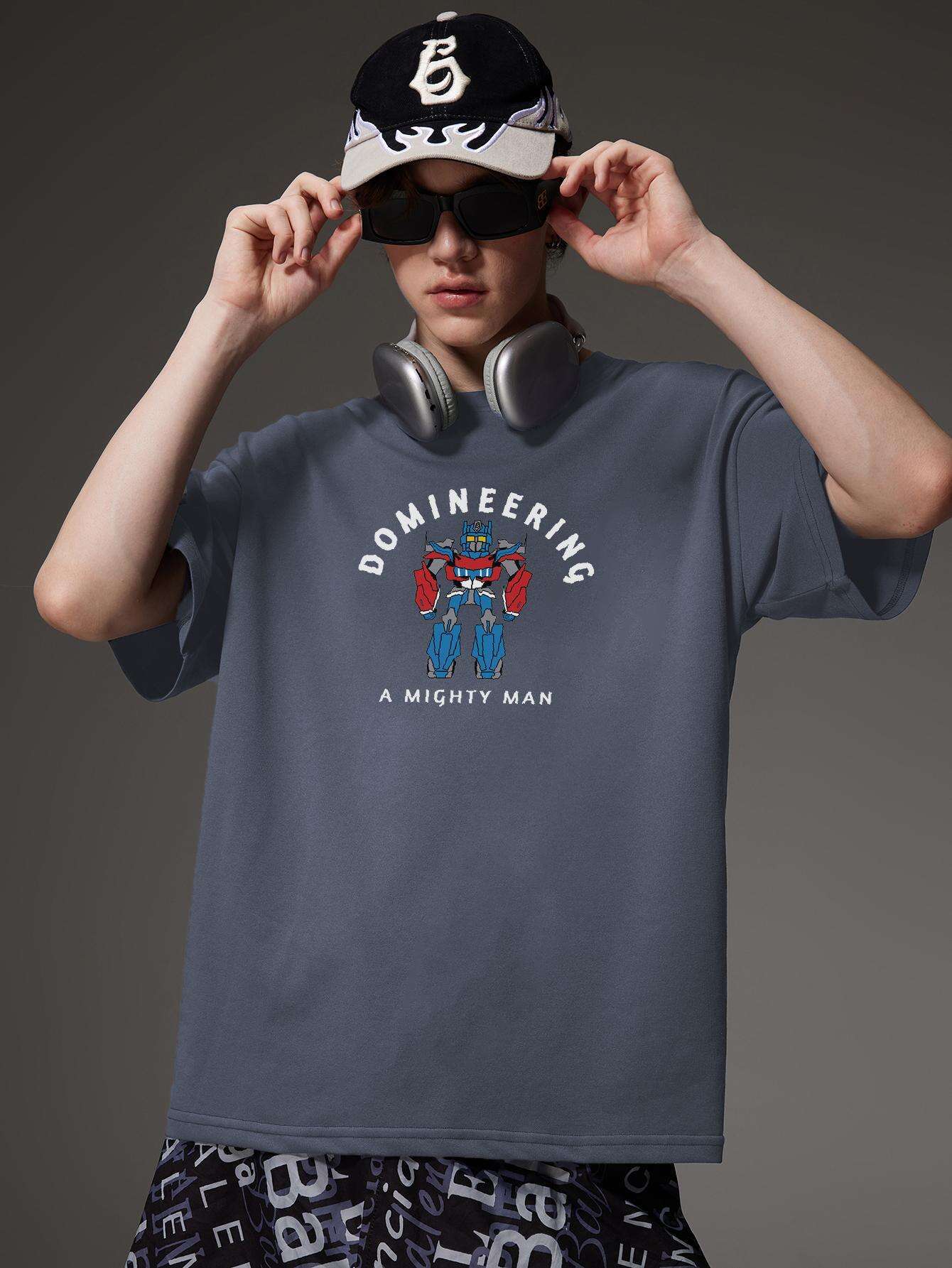 PRIVATHINKER "Domineering A Mighty for Man" Graphic Tee - 100% Cotton, Oversized Casual Hip Hop Style, Short Sleeve T-Shirt with Robot Print, Summer Streetwear for Men and Women