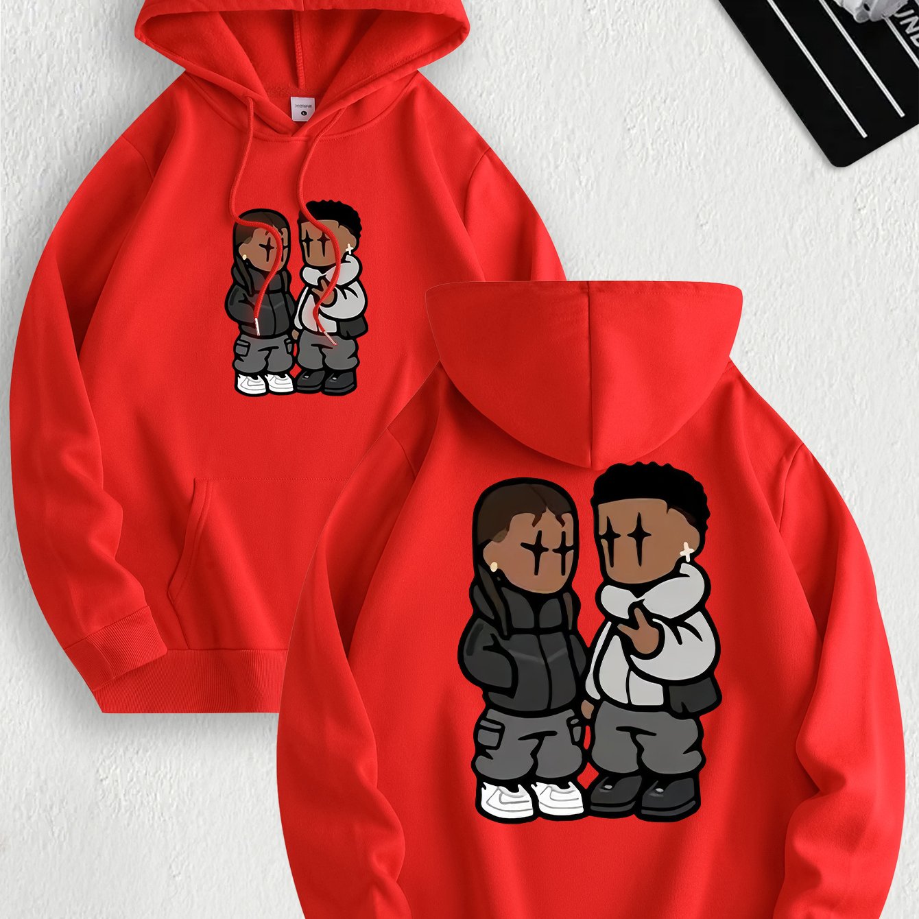 Men's Trendy Hoodie with Fleece-Lined Kangaroo Pocket - Casual & Comfortable, Cartoon Print Pullover Sweatshirt, K-pop, Fashion Design, Leisure Style, Conventional Version, ALL/Global/All