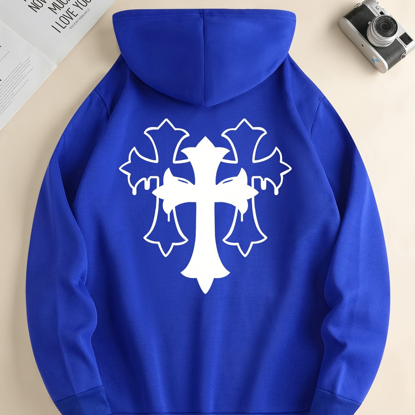 Cross Print Men's Simple Style Pullover Hoodies With Kangaroo Pocket Long Sleeve Hooded Sweatshirt Loose Casual Top For Autumn Winter Men's Clothing As Gifts