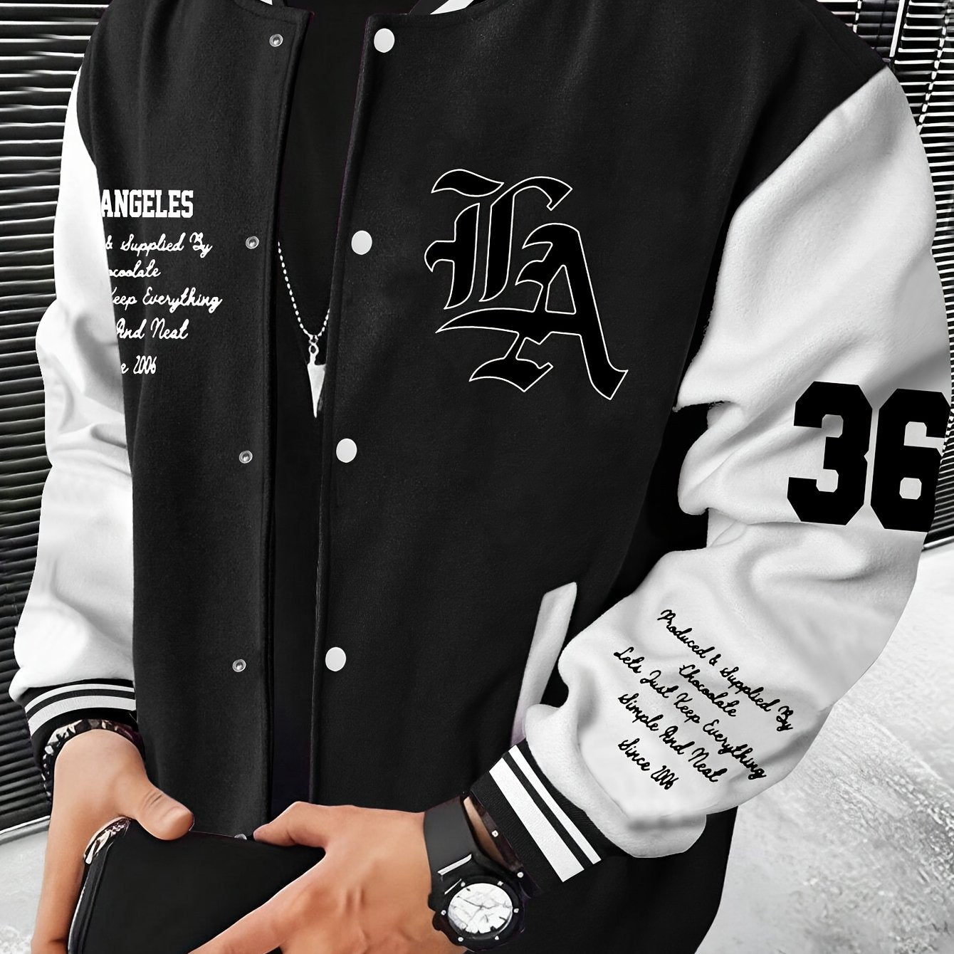 Men'S Casual LA Geometric-Pattern Baseball Jacket, 100% Polyester Knit Fabric, Regular Fit, with Slight Stretch, Button Closure and Polyester Lining, for All-Season Outerwear