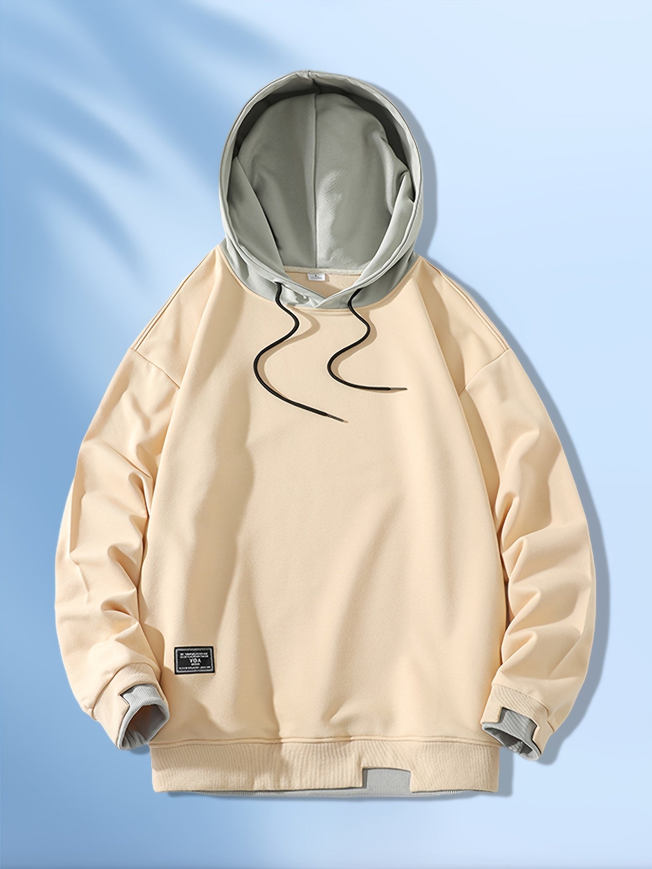 Men'S Fashion Casual Hooded Sweatshirt, 100% Polyester Knit Fabric, Long Sleeve, Loose Fit Pullover with Geometric Applique Design, Medium Stretch, for Spring/Autumn Trendy Streetwear