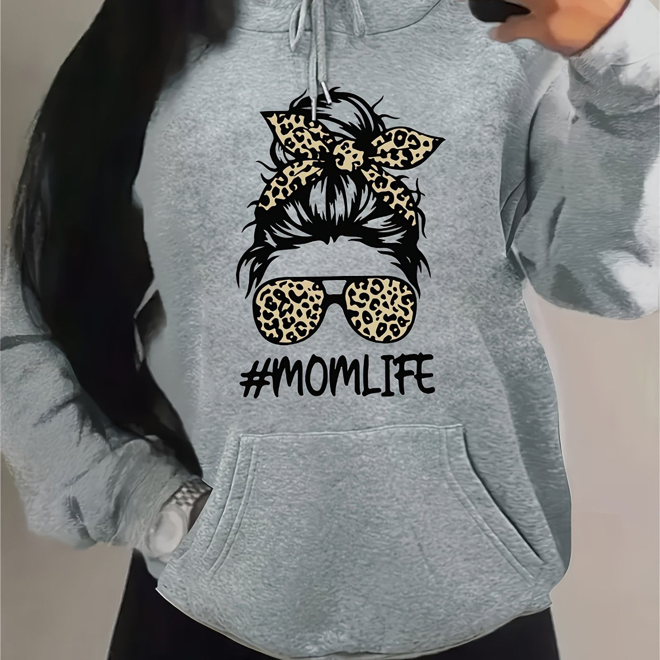 Stylish Women's Beige Hoodie with Leopard & Fashion Glasses Print - Casual, Loose-Fit Polyester Sweatshirt with Drawstring & #MomLife Graphic for All Seasons