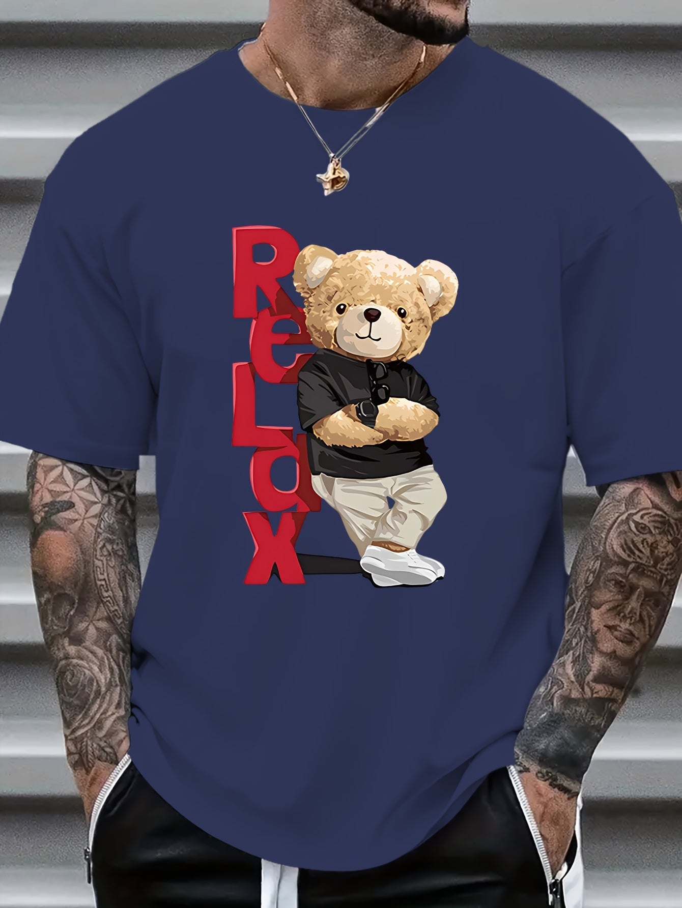Men's Trendy Bear Print Short Sleeve T-Shirt - Comfortable Polyester Blend, Round Neck, Machine Washable for Summer, Leisure Style, Conventional Version, Summer