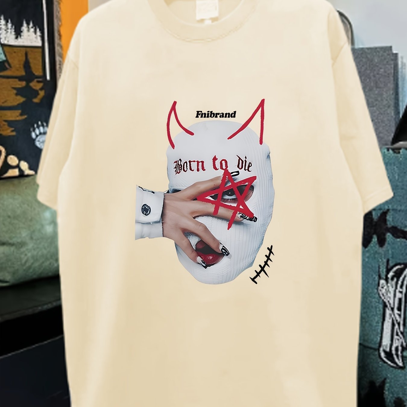 Retro-Inspired "Born to Die" Graphic Cotton Tee for Men - Loose Fit, Drop Shoulder, Short Sleeve with Unique Star and Hand Print Design, Round Neck - Casual Summer Wear