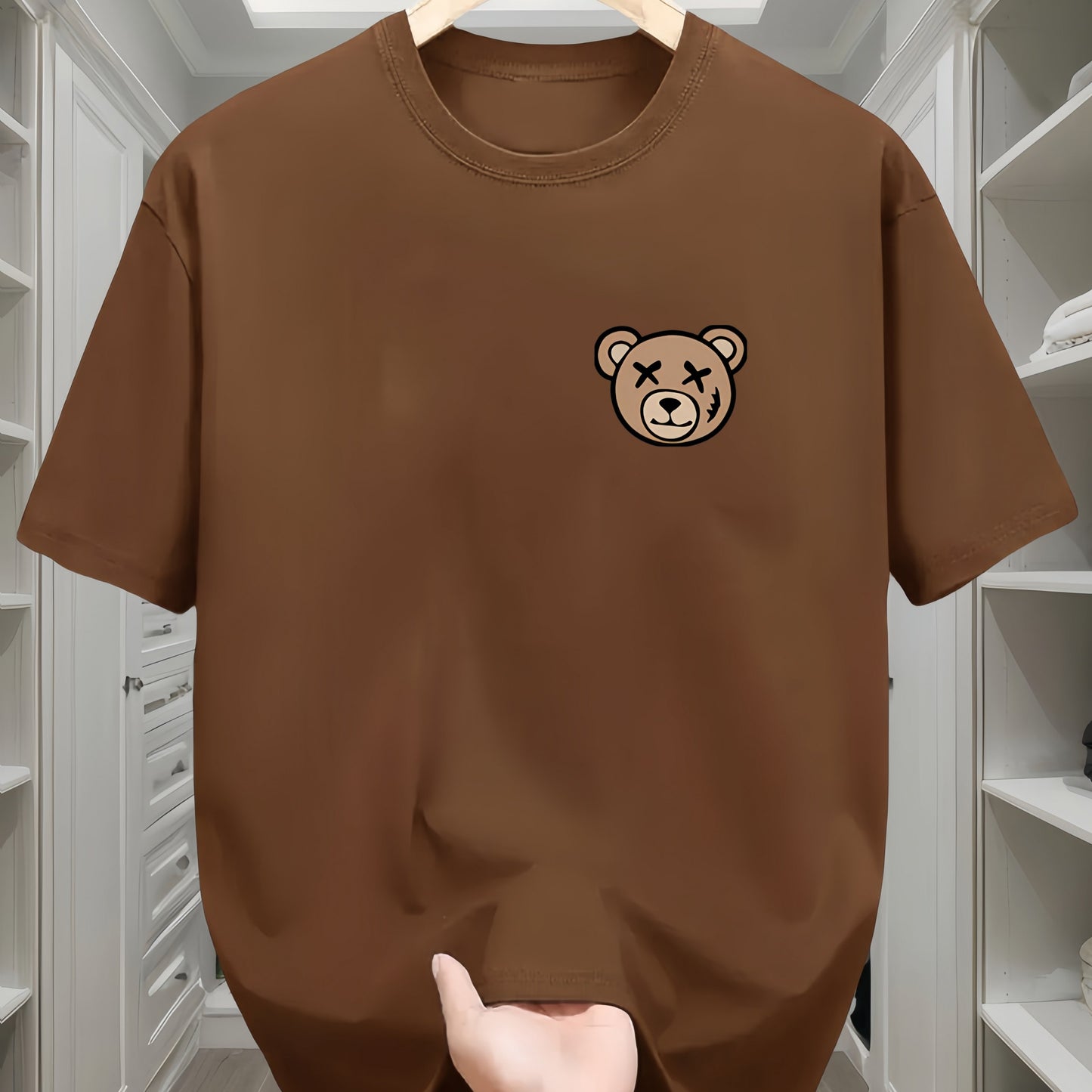Men's Classic Black Cotton T-Shirt with Cute Bear Design - Casual, Comfortable Short Sleeve Crew Neck Tee, Machine Washable for All Seasons