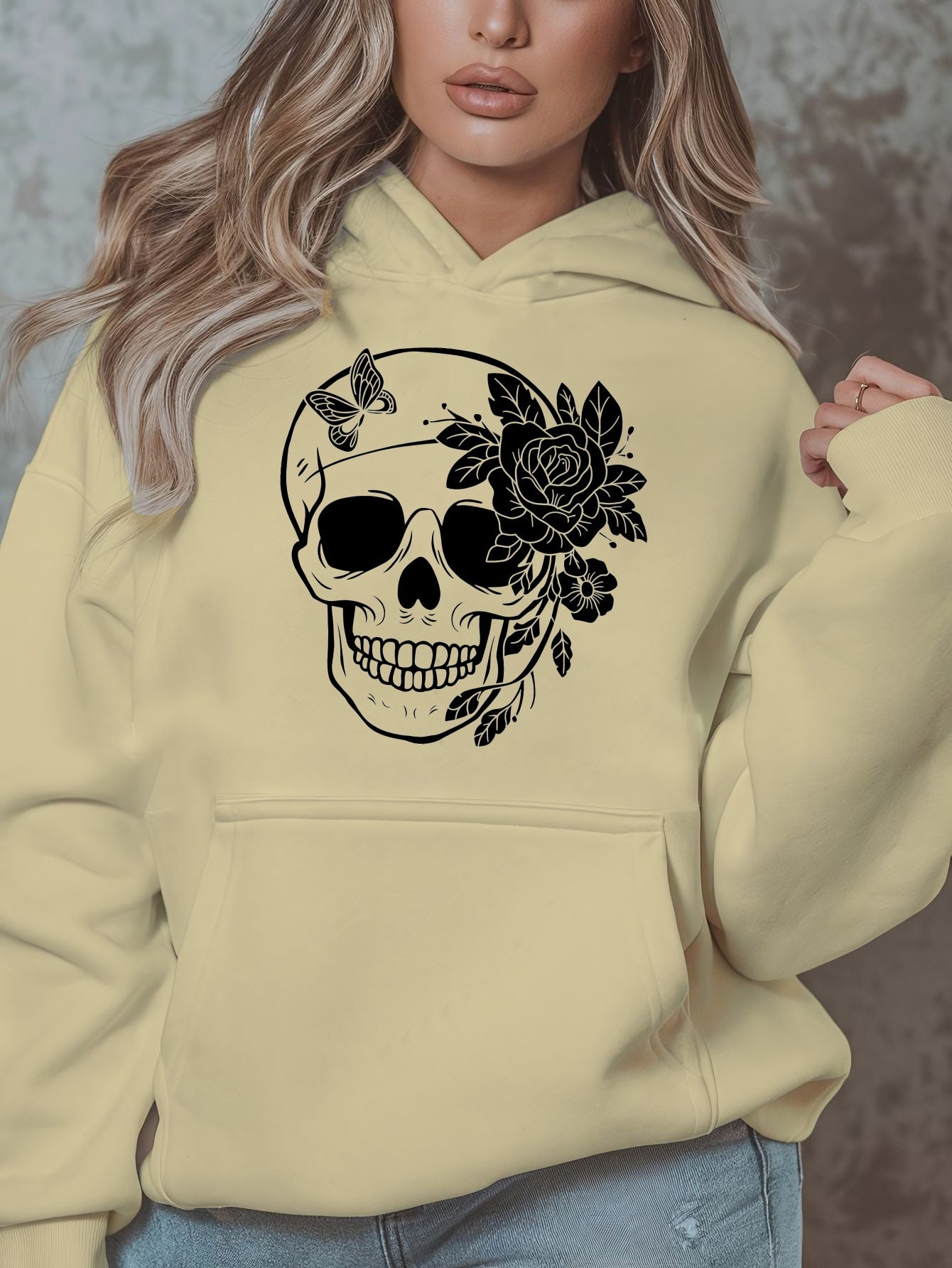 1pc Women'S Plus Size Casual Hoodie with Floral Skull Print, Polyester Knit Sweatshirt, Long Sleeve Pullover with Pockets, Letter Pattern, Round Neck Hooded Top, with Autumn/Winter Fashion
