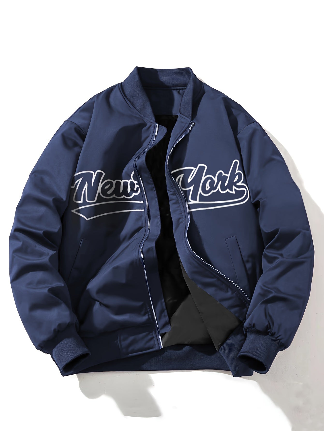 1pc Men'S Casual Bomber Jacket, Polyester 100% Lightweight Windbreaker, Letter Print, Baseball Collar, Long Sleeve, Regular Fit with Pockets, Zippered Front - Daily and Leisure Wear