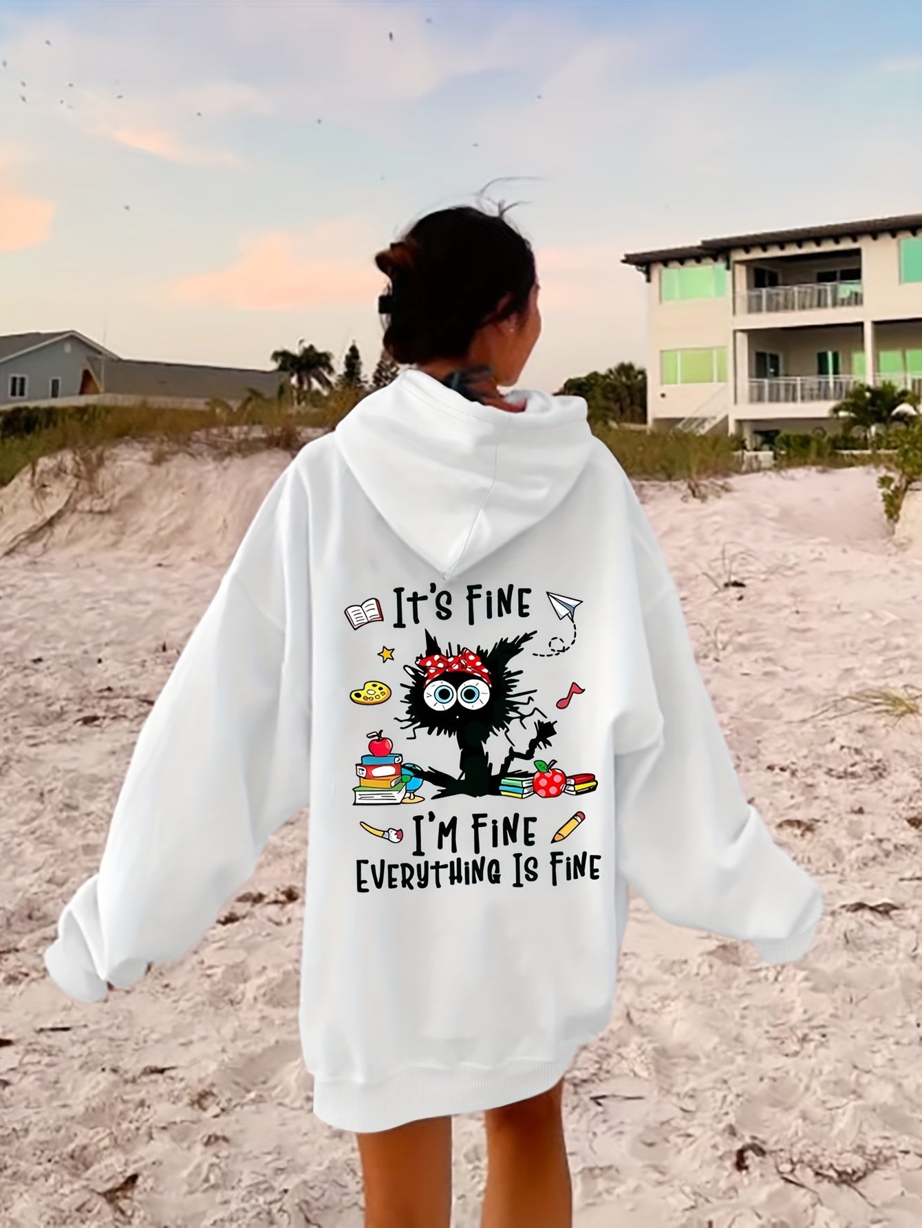 Cozy Cat & Letter Print Hoodie for Women - Casual Pullover with Kangaroo Pocket, Soft Stretch Polyester, Perfect for Fall/Winter