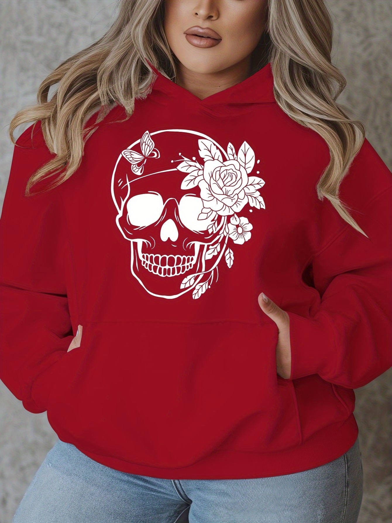 1pc Women'S Plus Size Casual Hoodie with Floral Skull Print, Polyester Knit Sweatshirt, Long Sleeve Pullover with Pockets, Letter Pattern, Round Neck Hooded Top, with Autumn/Winter Fashion