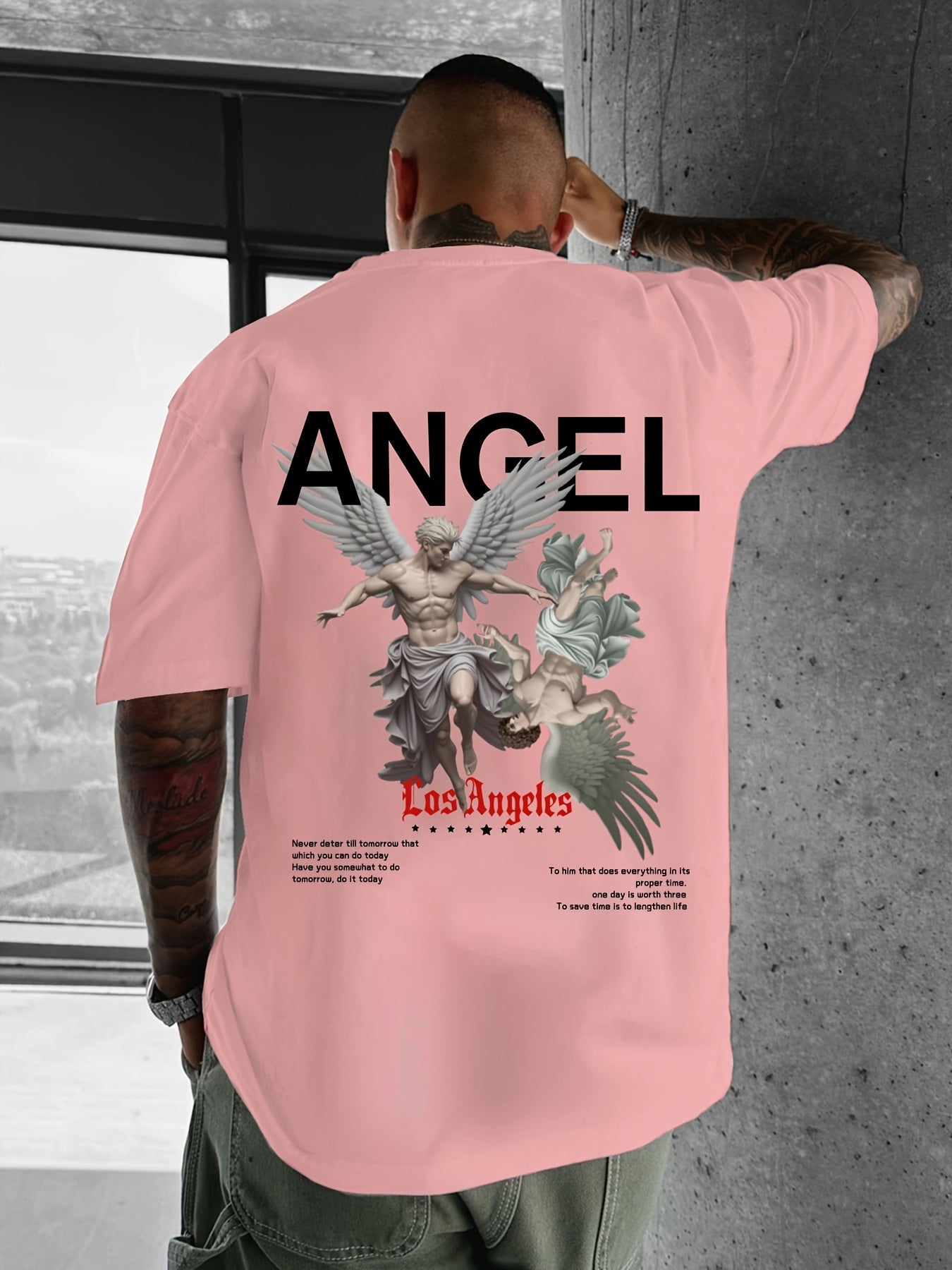 Men's Casual Streetwear T-Shirt with Geometric Angel Design - Loose Fit, Polyester, Machine Washable - Summer Collection