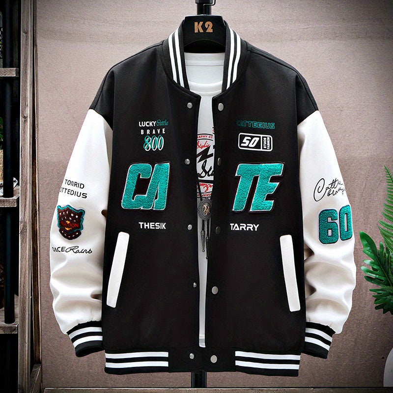 Letters Print Preppy Varsity Jacket, Men's Casual Long Sleeve Striped Button Down Baseball Jacket With Pockets For Winter Fall
