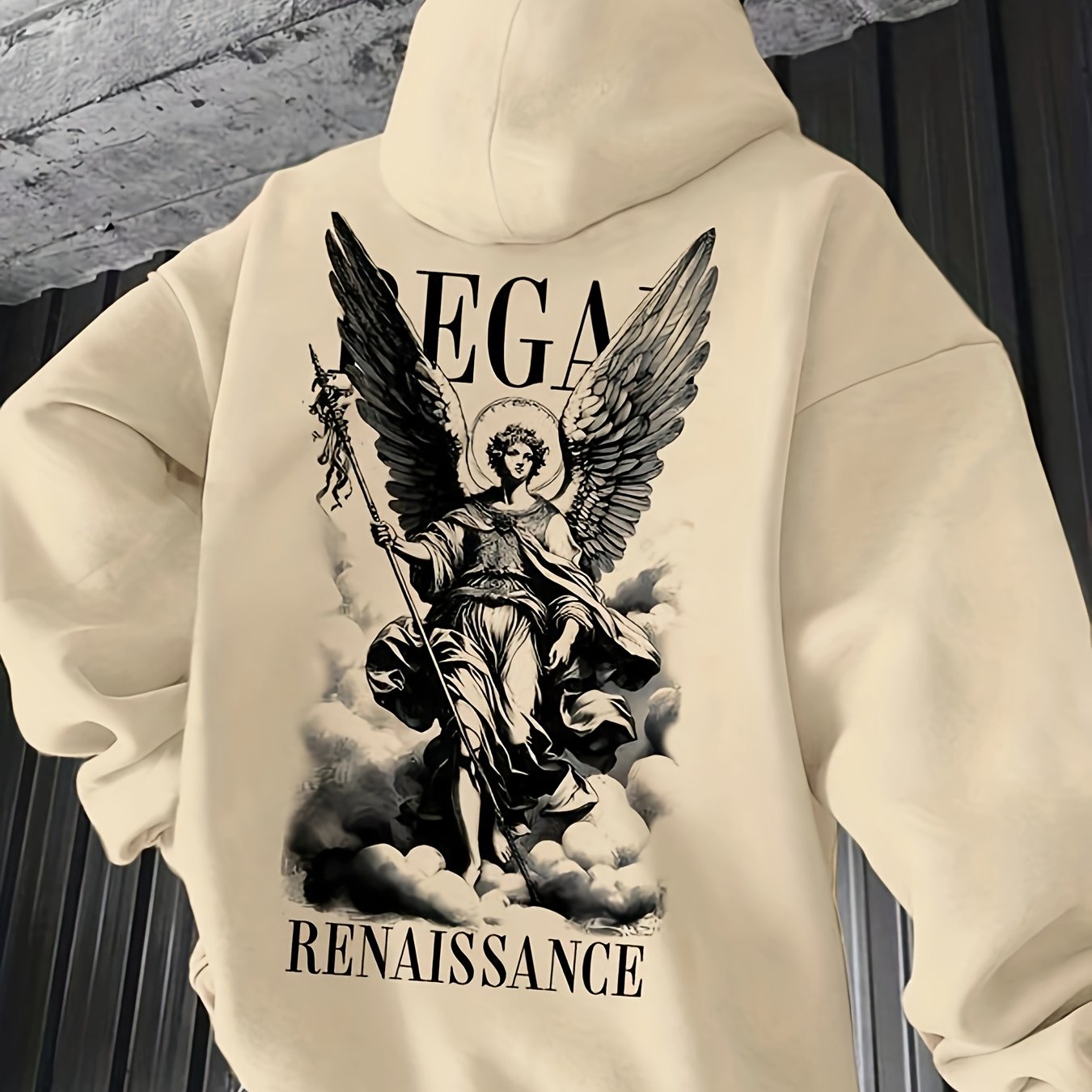 1pc Men'S Casual French Terry Hoodie with Angel Renaissance Print, Non-Stretch Knit Fabric, Loose Fit with Pockets, Alphabet Pattern, Comfortable Commuter Fashion Sweatshirt