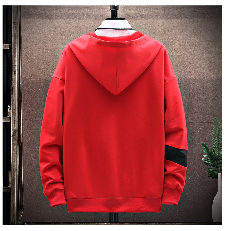 Men's Casual Hoodie with Geometric Print - Cozy & Warm Zip-Up Jacket for Fall/Winter, Polyester Blend, Young Fashion, Sports