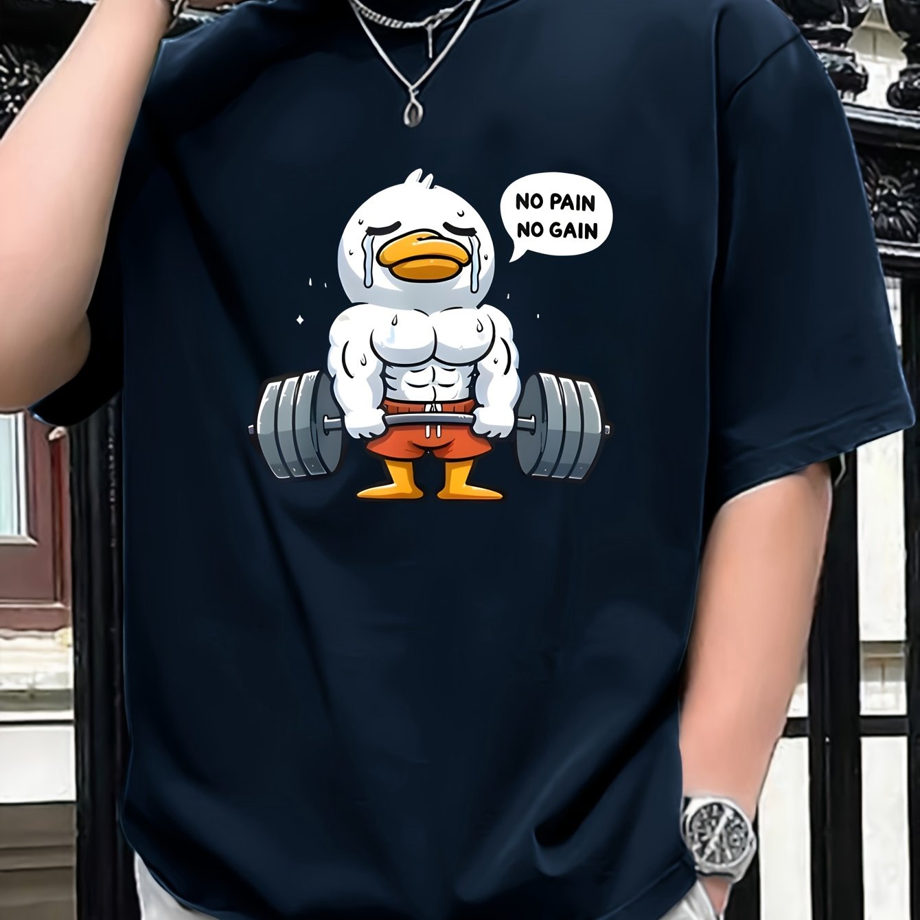 No Pain No Gain" Men's Motivational T-Shirt - Muscular Duck Cartoon Print, 100% Cotton, Short Sleeve, Round Neck, Casual Street Style Tee for Summer & Spring, Oversized T Shirt