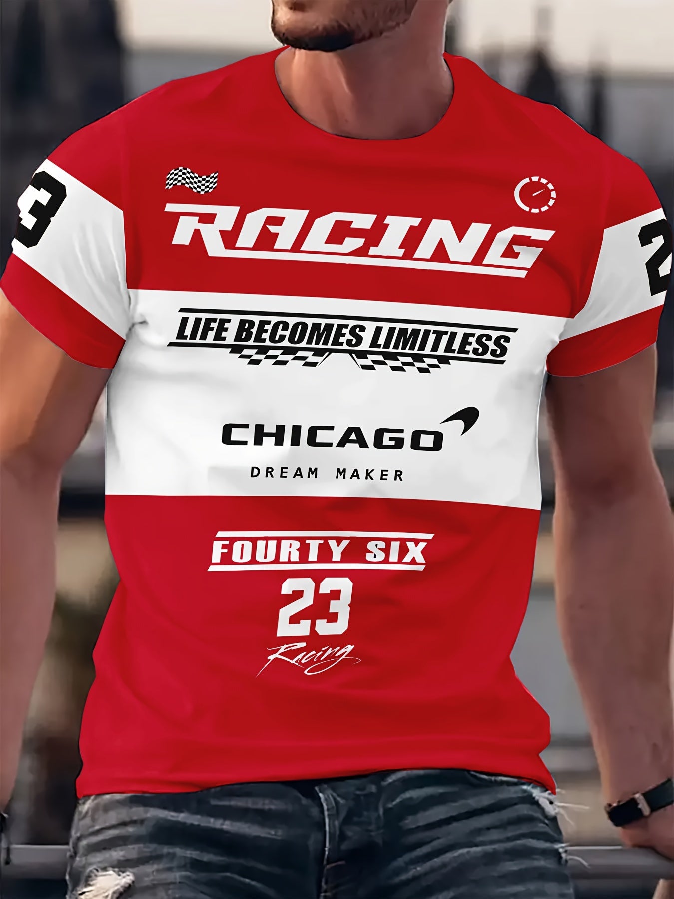Men's Casual Graphic T-Shirt With Racing Digital Print, Polyester Fiber, Relaxed Fit, Round Neck, Breathable And Soft