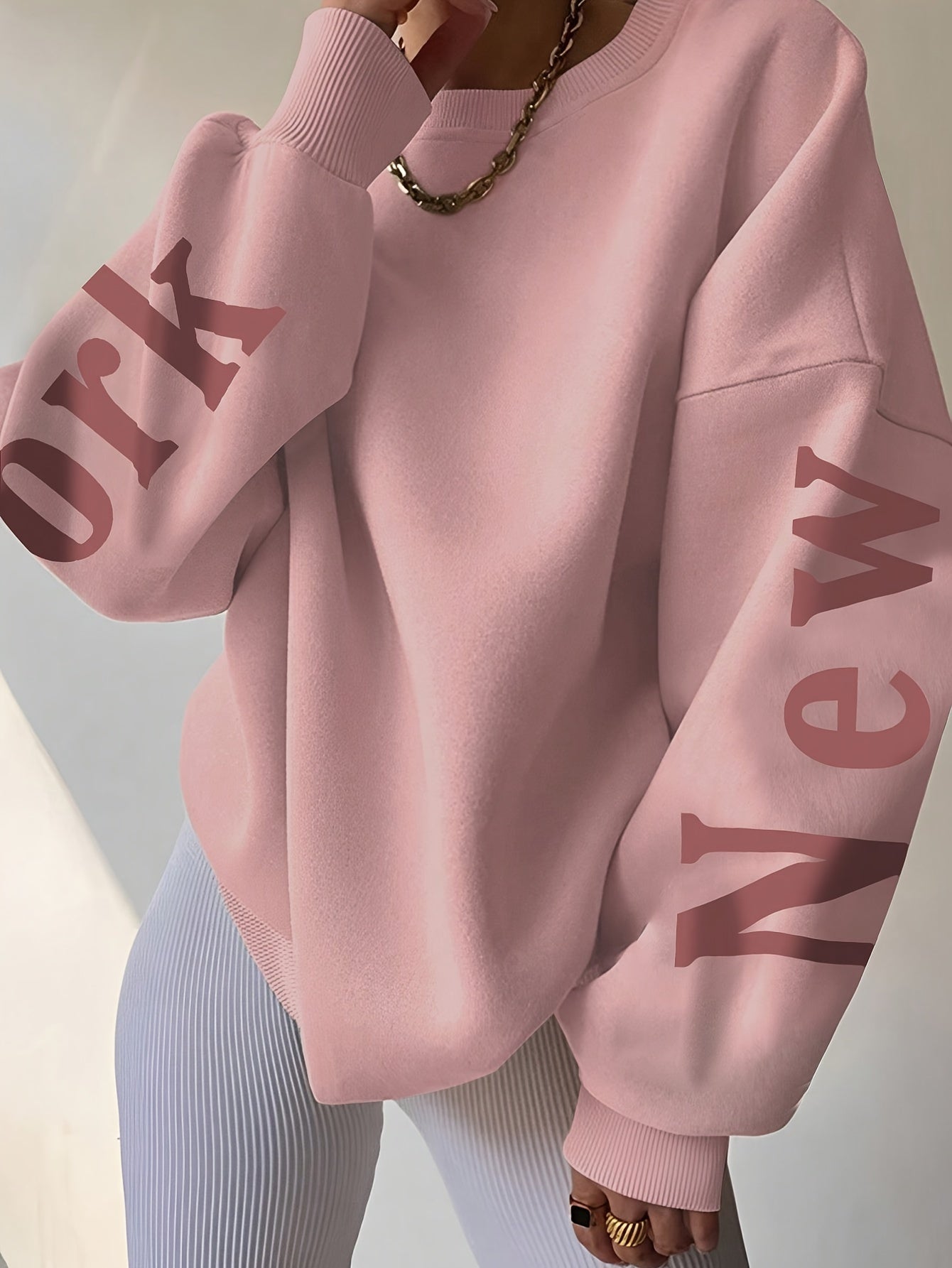 Women'S Casual Loose Fit Sweatshirt with Alphabet Print, Long Sleeve Crew Neck, Knit Polyester 95% Spandex 5%, All-Season Fashion Top