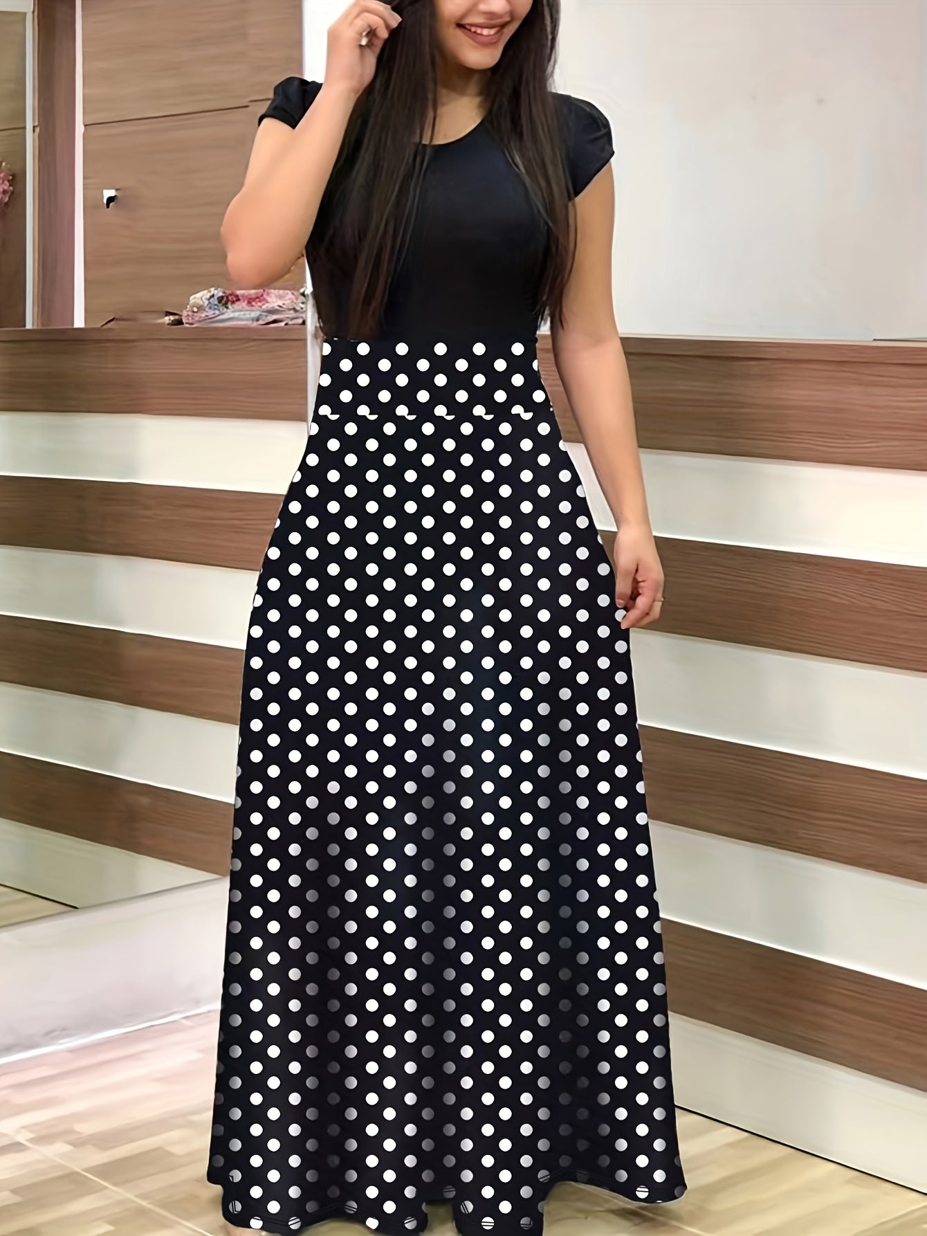 Floral Print Splicing Maxi Dress, Casual Crew Neck Short Sleeve Dress For Spring & Summer, Women's Clothing