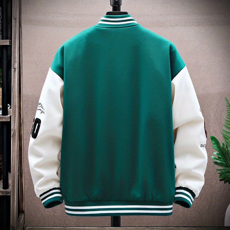 Letters Print Preppy Varsity Jacket, Men's Casual Long Sleeve Striped Button Down Baseball Jacket With Pockets For Winter Fall