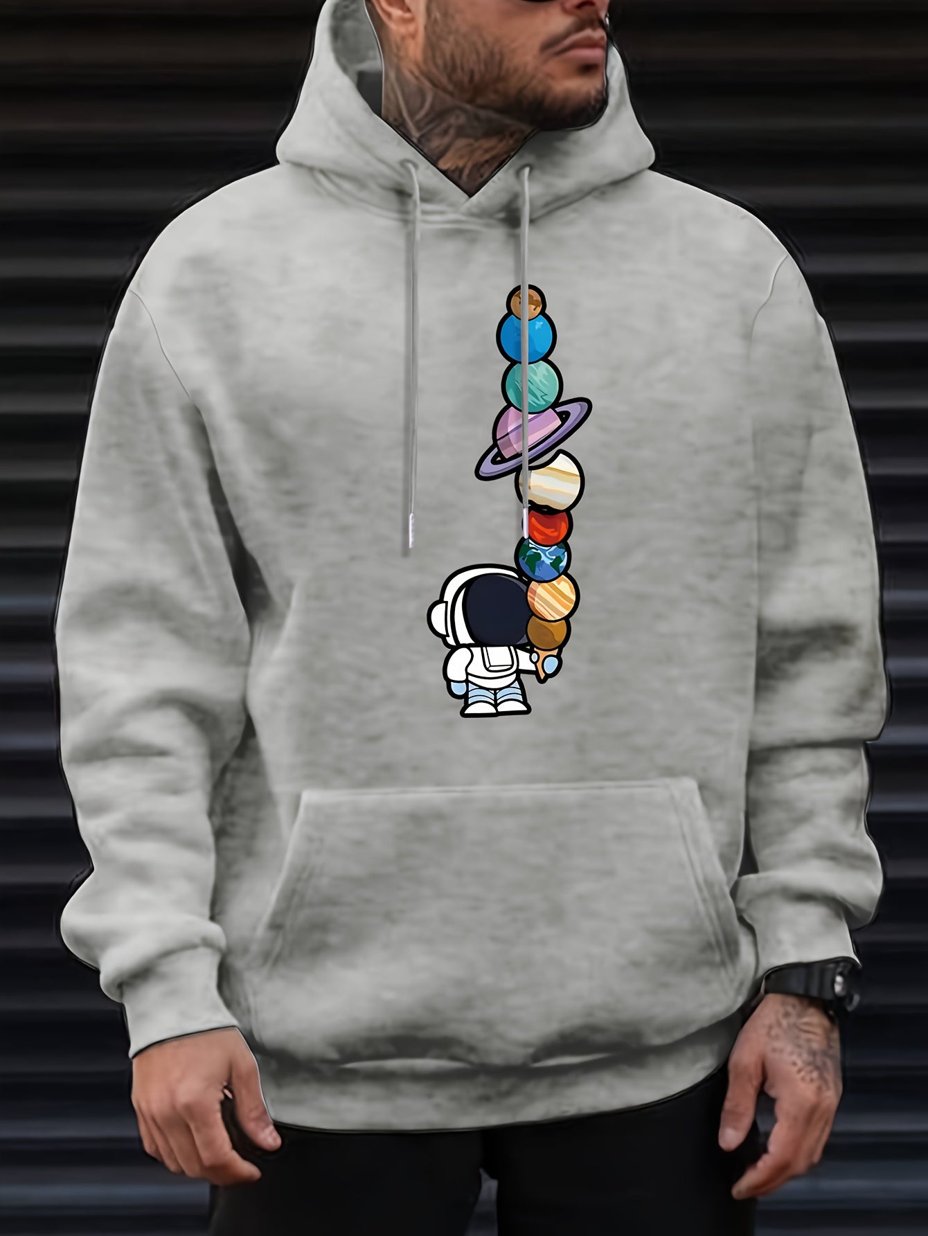 Astronaut And Planets Pattern Print Hooded Sweatshirt, Hoodies Fashion Casual Tops For Spring Autumn, Men's Clothing