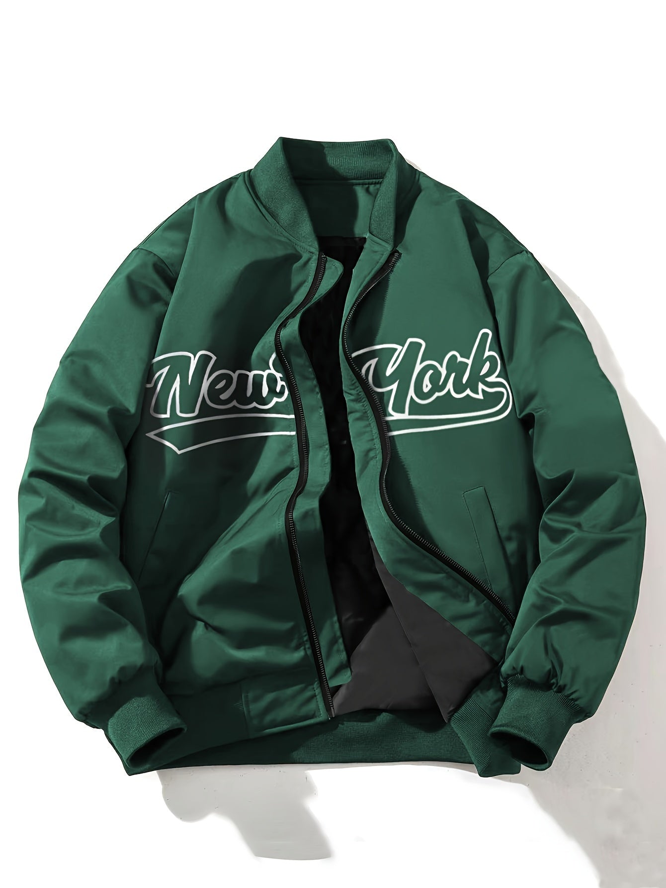 1pc Men'S Casual Bomber Jacket, Polyester 100% Lightweight Windbreaker, Letter Print, Baseball Collar, Long Sleeve, Regular Fit with Pockets, Zippered Front - Daily and Leisure Wear
