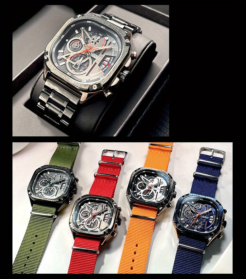 MEGIR Black Quartz Watch Men Square Dial Wristwatch with Chronograph Stainless Steel Strap Luminous Hands Auto Date