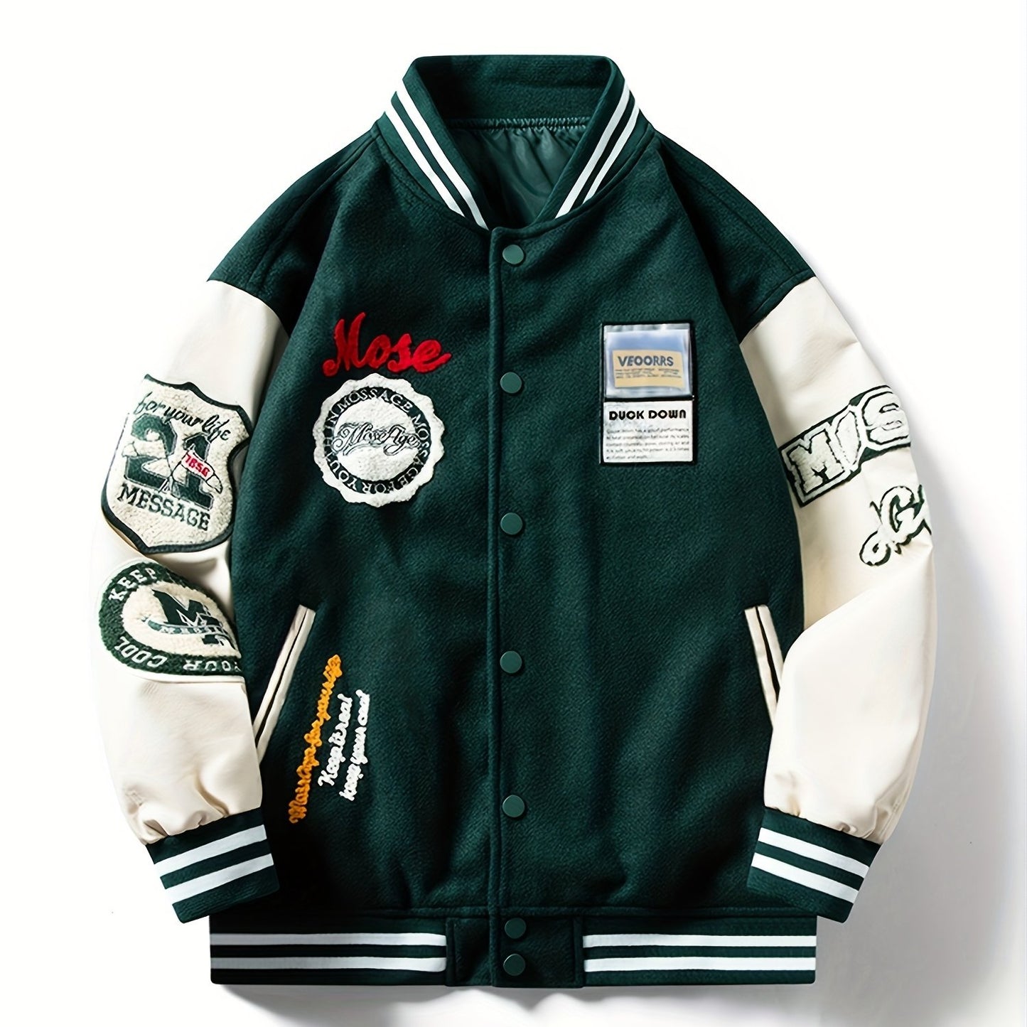Embroidery Varsity Jacket, Men's Casual Color Block Button Up Jacket For Spring Fall School Baseball