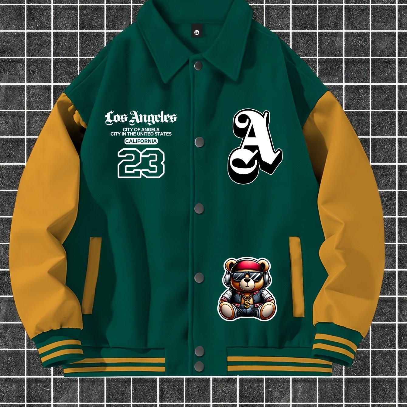 Men'S Casual Polyester Lightweight Jacket, American Streetwear Baseball Style with Random Print, Collar, Pockets, Regular Fit, Knit Fabric