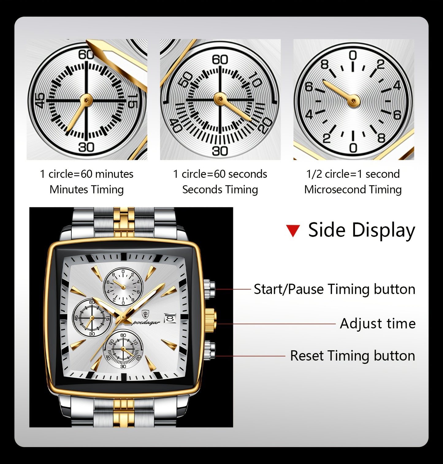 POEDAGAR Men'S Business Quartz Watch, Stainless Steel Square Dial, Luminous Hands, Date Calendar, Battery Powered, with Non-Rechargeable Button Battery, for Thanksgiving & Christmas Gifts, Water Resistant