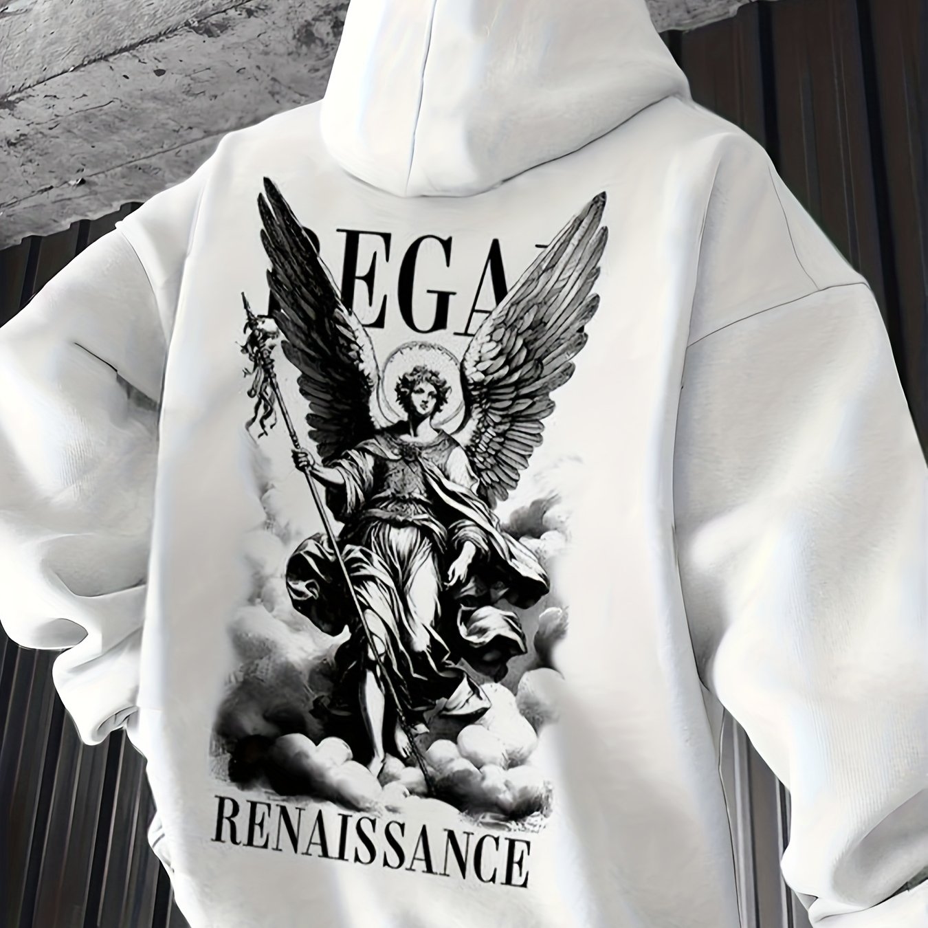 1pc Men'S Casual French Terry Hoodie with Angel Renaissance Print, Non-Stretch Knit Fabric, Loose Fit with Pockets, Alphabet Pattern, Comfortable Commuter Fashion Sweatshirt