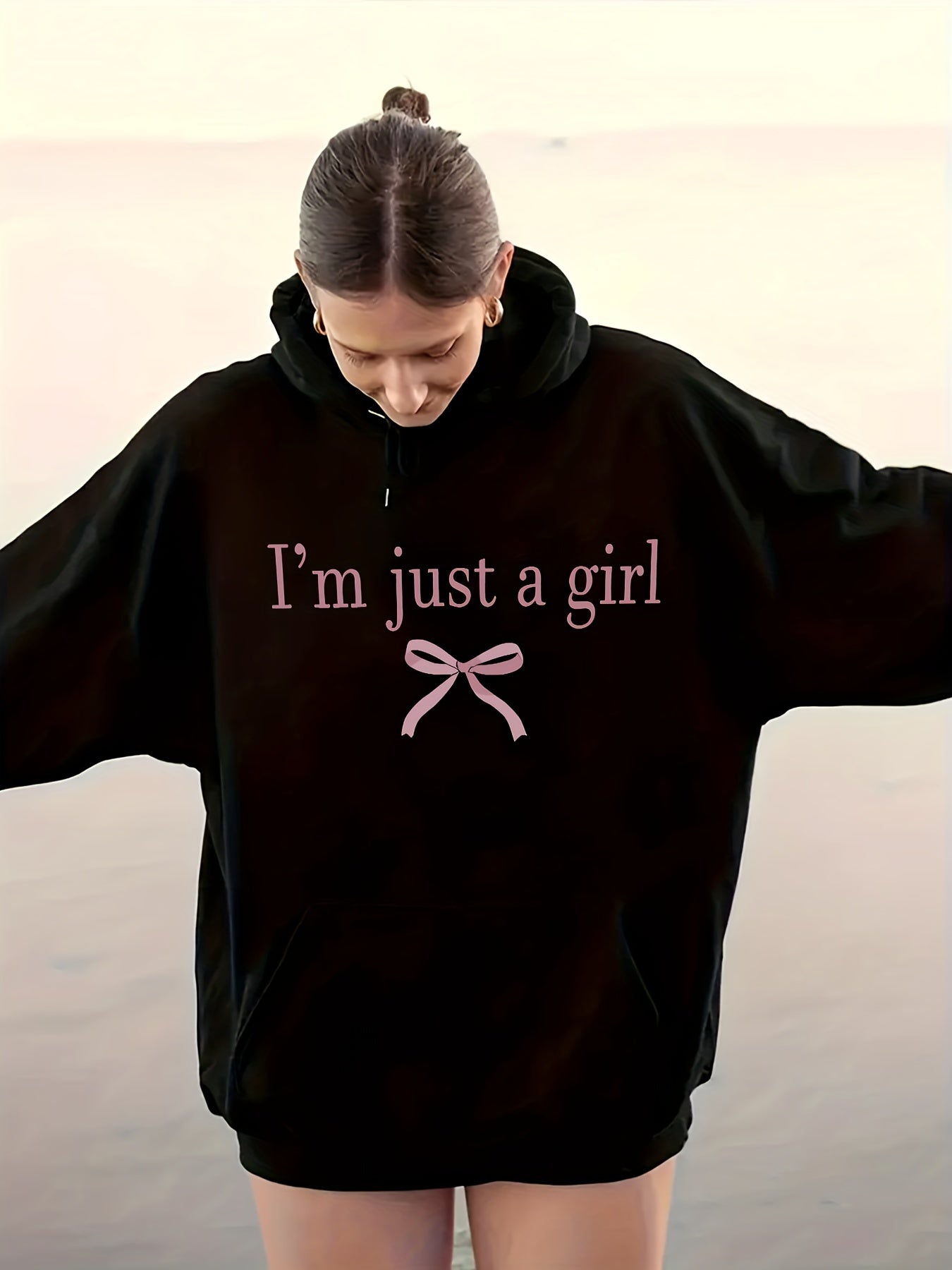 Women'S Casual Letter & Bow Print Hoodie, Polyester Stretch Fabric, Regular Fit with Kangaroo Pocket, Fashionable Pullover Sweatshirt for Adults, Winter Knitwear