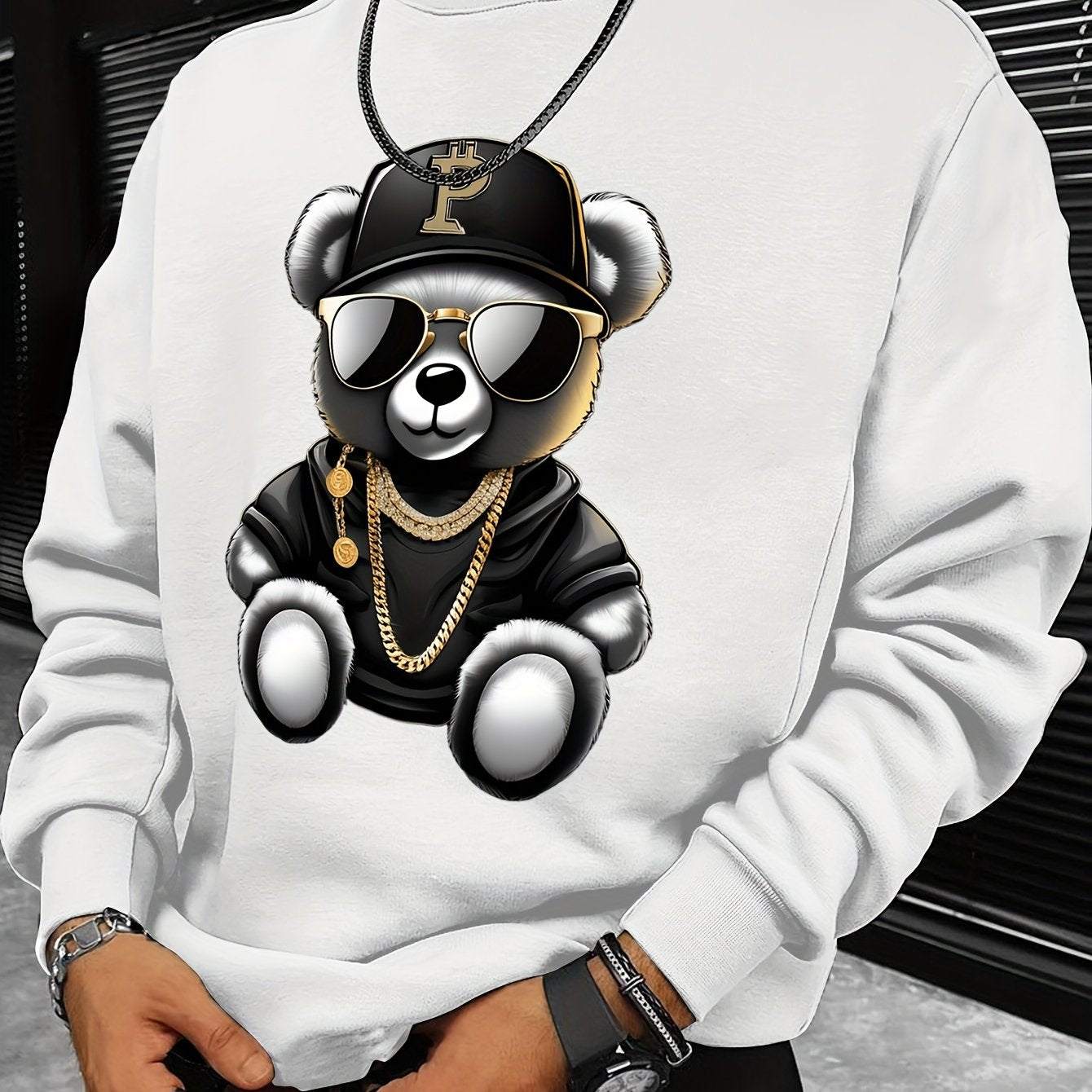 Men's Casual Long Sleeve Crew Neck Sweatshirt with Cool Bear Print - Soft Polyester Blend, Perfect for Fall & Winter