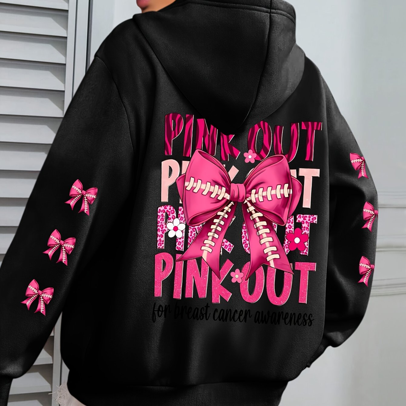 Women'S Plus Size Hoodie with Pink Ribbon Bowknot Print, Casual Long Sleeve Pullover with Pocket, 100% Polyester Knit Fabric, Slight Stretch, Fall/Winter Hooded Sweatshirt, Breast Cancer Awareness Design