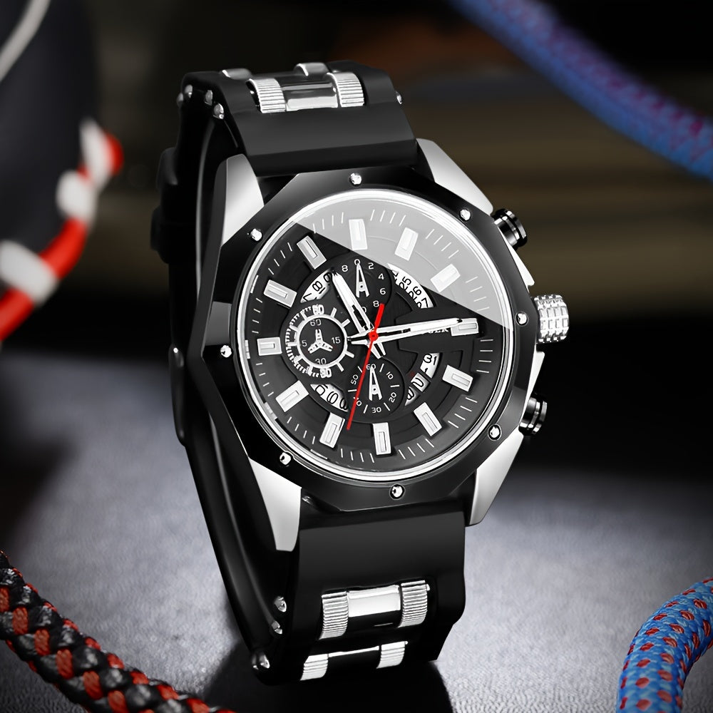 Fashion Men's Analog Quartz Watch, Leisure Sports Analog Digital Dial, Soft Silicone Strap, Calendar Display, Ideal Men's Valentine's Day, Father's Day, Homecoming Gifts -Eid Al-Adha [Middle East Orientation]