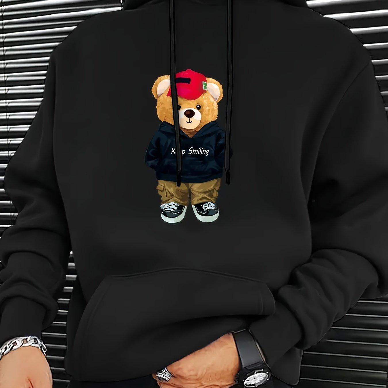 MBDMBD Unisex Trendy Bear Graphic Hoodie, Casual Polyester Knit Fabric with Slight Stretch, Loose Fit, Hooded Pullover Sweatshirt for Fall/Winter