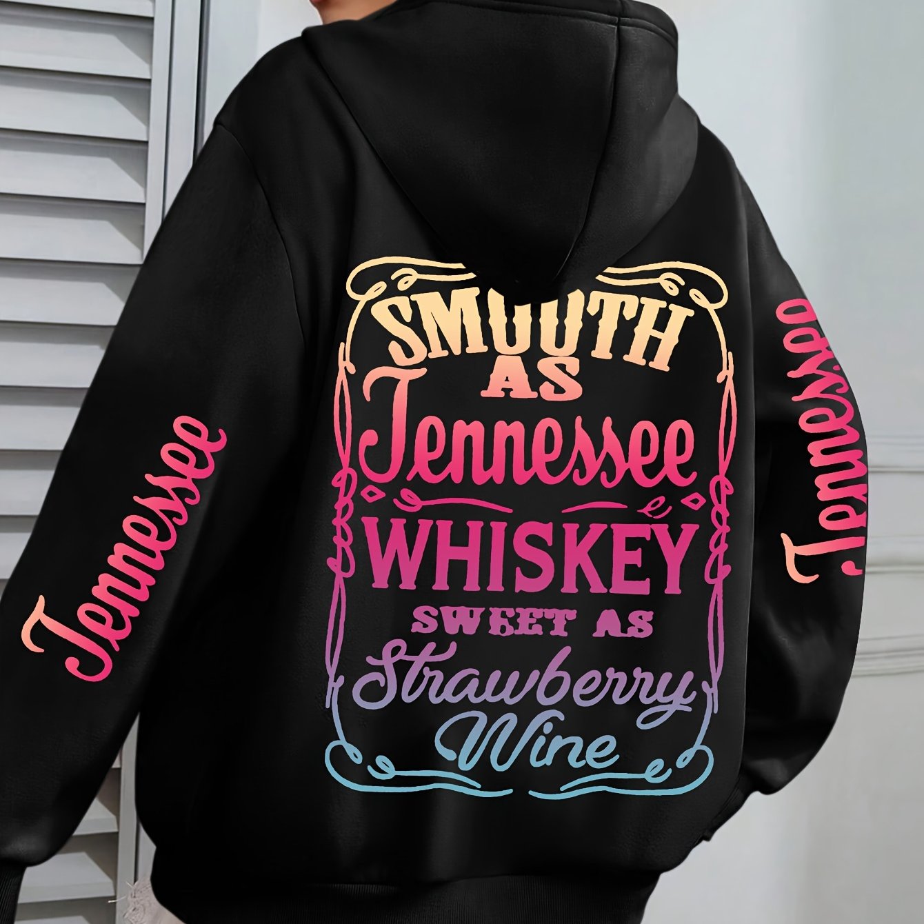 Plus Size Casual Hoodie with Tennessee Whiskey & Strawberry Wine Applique - 100% Polyester, Hooded, Medium Stretch Knit Fabric, Alphabet Pattern, Cozy Fall/Winter Style