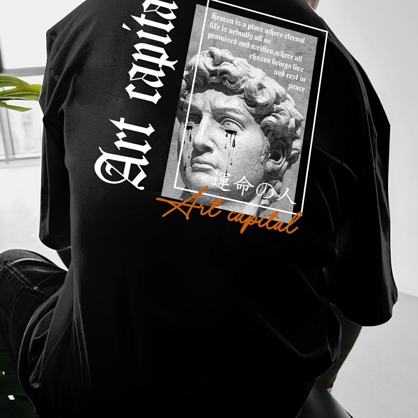 Men's Casual David Statue & Letter Print T-Shirt - Loose Fit, Round Neck, Short Sleeve, Polyester - Street Style Summer Tee