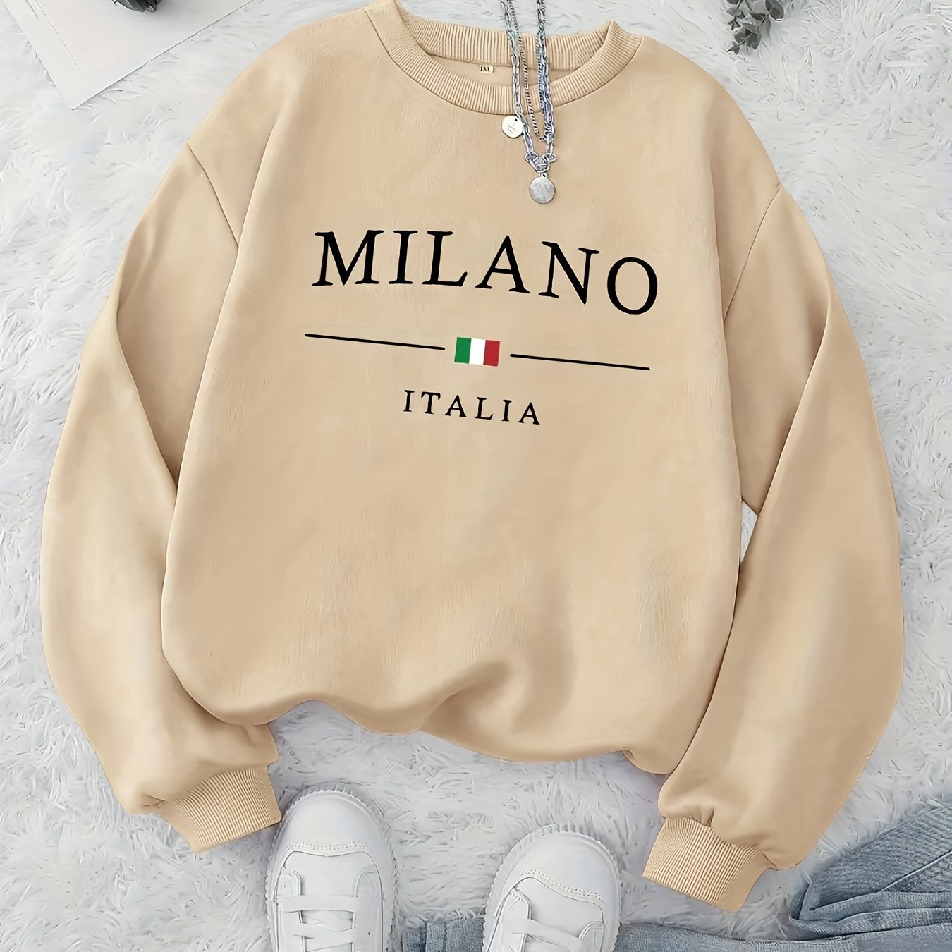 MILANO Print Pullover Sweatshirt, Casual Long Sleeve Crew Neck Sweatshirt For Fall & Winter, Women's Clothing