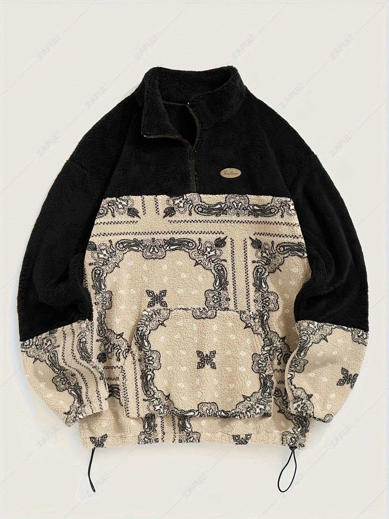 Men's Casual Paisley Pattern Stand Collar Jacket, 100% Polyester Knit Fabric with Medium Stretch, Loose Fit Zip-Up with Drawstring Hem, Long Sleeve Streetwear for Daily Commute and Winter Outings, Casual Winter Jacket|Trendy