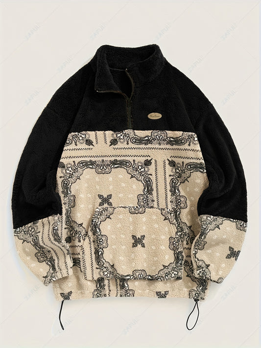 Men's Casual Paisley Pattern Stand Collar Jacket, 100% Polyester Knit Fabric with Medium Stretch, Loose Fit Zip-Up with Drawstring Hem, Long Sleeve Streetwear for Daily Commute and Winter Outings, Casual Winter Jacket|Trendy