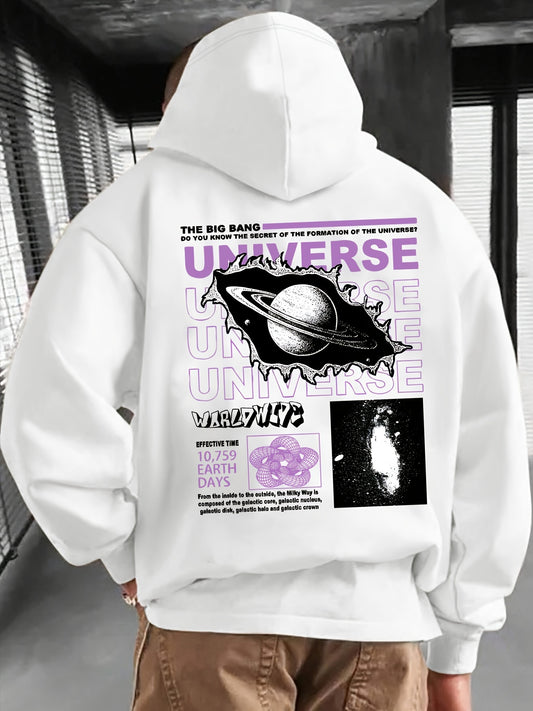 Men's Casual Hoodie with Earth & Letter Print - Loose Fit, Polyester, Kangaroo Pocket | Perfect for Fall/Winter
