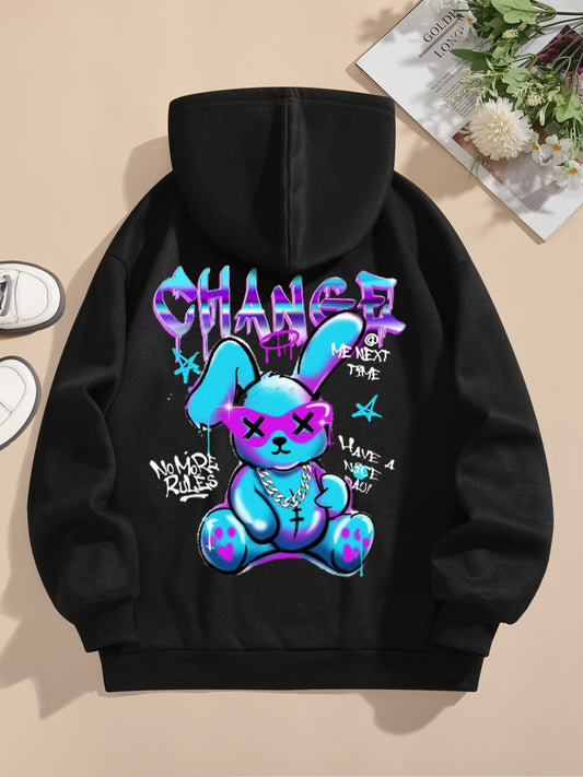 Women's Casual Black Hoodie with Colorful Rabbit and Letter Print - Polyester, Drawstring, Long Sleeves, Machine Washable - Perfect for Fall and Winter, Oversized Hoodie
