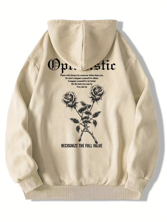Roses Print Fleece Hoodies For Men, Graphic Hoodie With Kangaroo Pocket, Comfy Loose Trendy Hooded Pullover, Mens Clothing For Autumn Winter