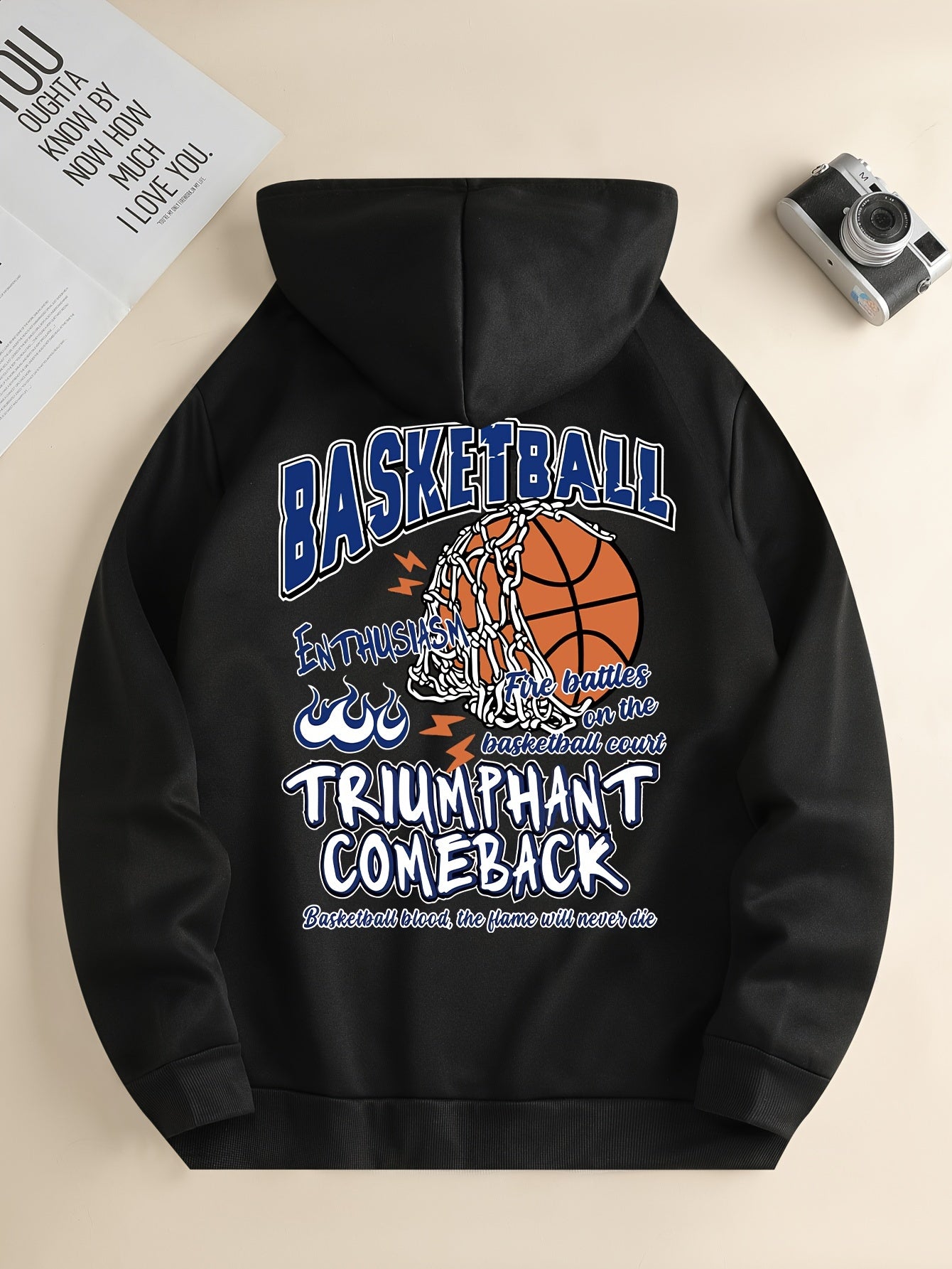 Basketball Print Kangaroo Pocket Hoodie, Casual Long Sleeve Hoodies Sweatshirt, Men's Clothing, For Fall Winter