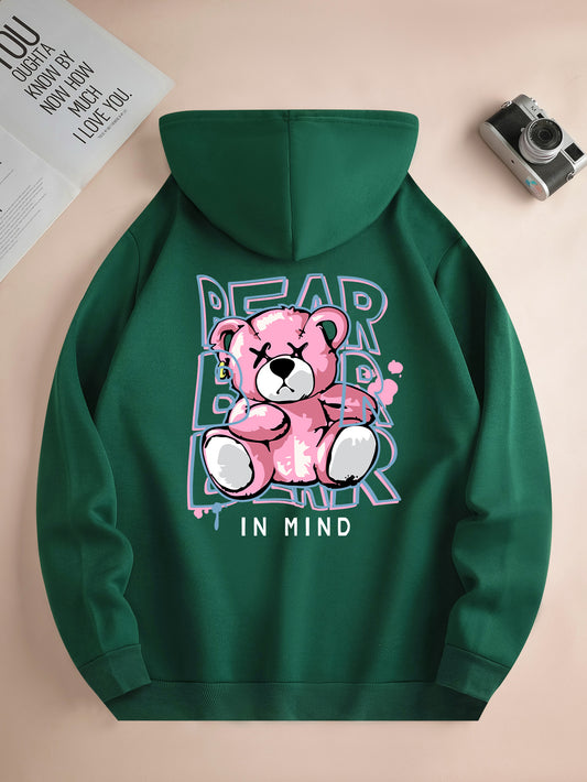 Men's Trendy Hoodie with Bear Print - Casual Drawstring Pullover with Kangaroo Pocket, Perfect for Fall & Winter