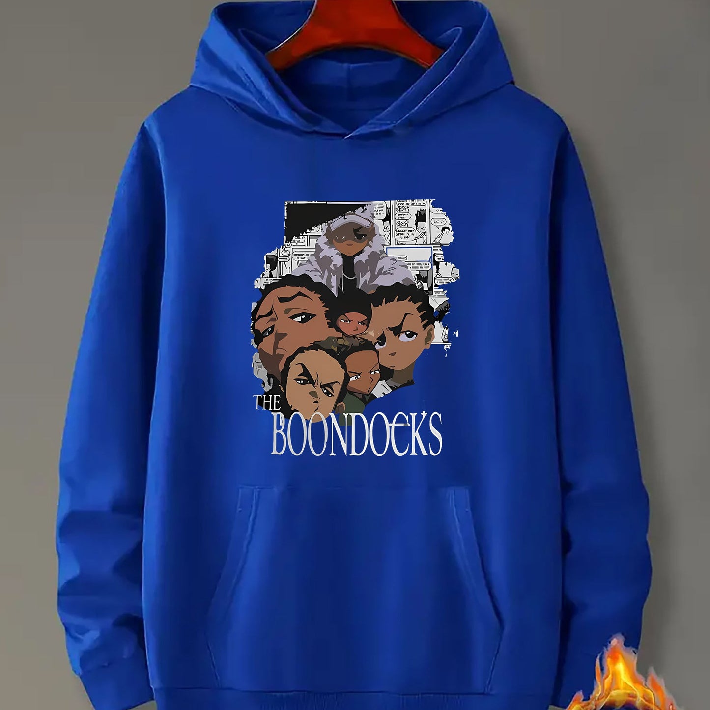 Boondocks Graphic Print Hoodie for Men - Casual Knit Polyester 100% Pullover with Kangaroo Pocket, Long Sleeve Loose Fit Hooded Sweatshirt for All Seasons, Geometric Cartoon Character Design Top