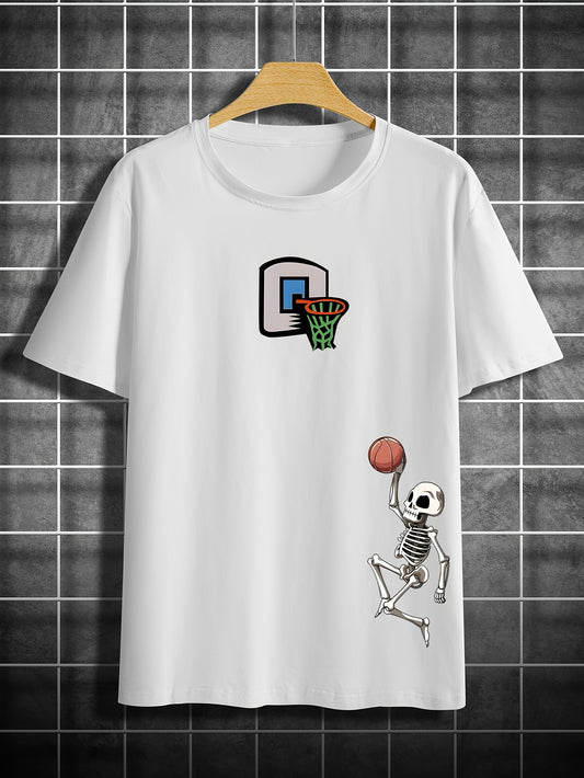 Men's Casual Skeleton Basketball Graphic Tee - Crew Neck, Short Sleeve, Breathable Polyester - Perfect for Summer
