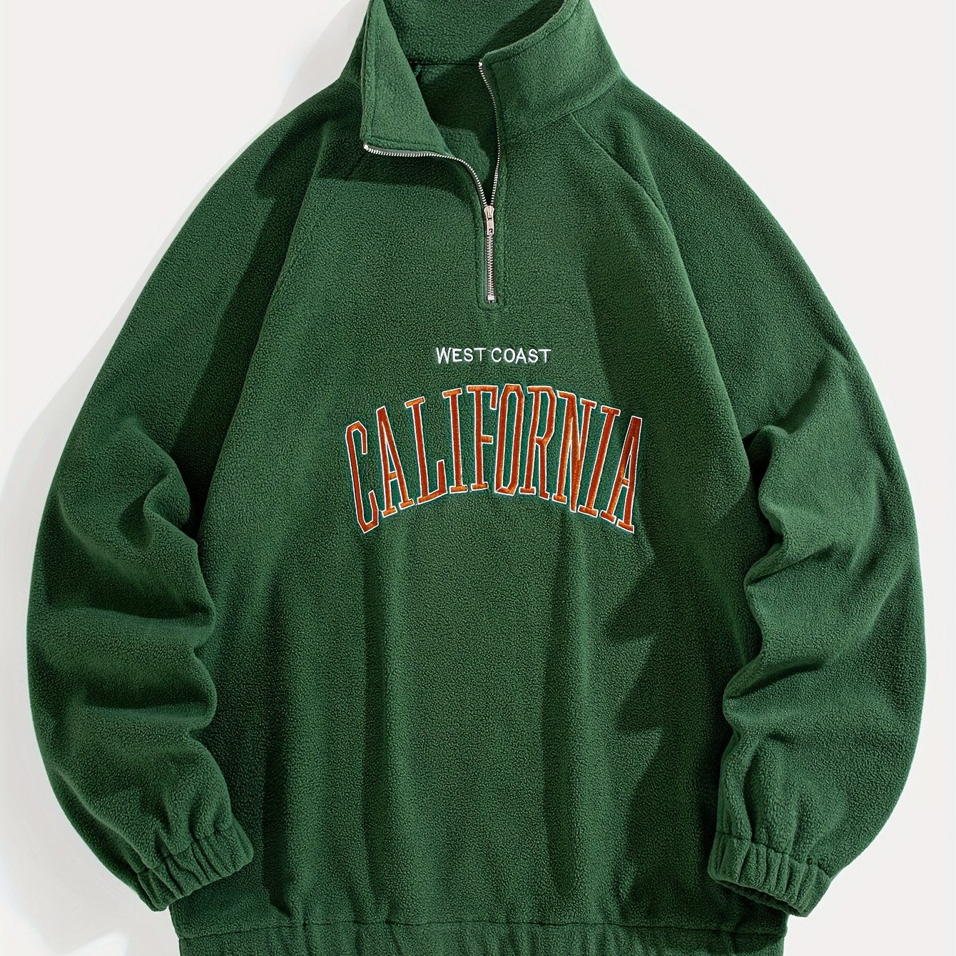 Men's Embroidered Fleece Pullover Sweatshirt with Quarter-Zip Stand Collar - Casual Long Sleeve, Polyester Blend